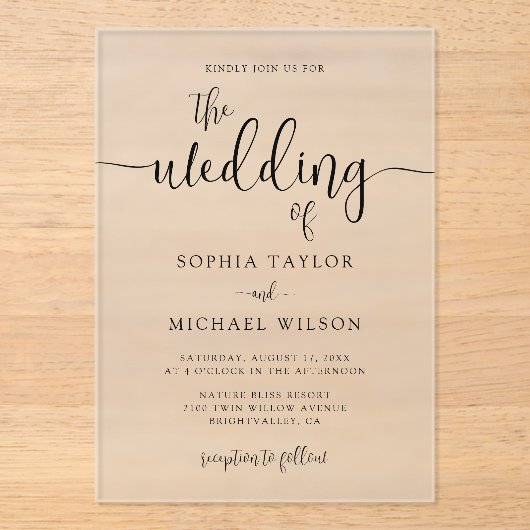 Stijlvol hedendaags script Black Wedding Acryl Uitnodigingen (Voorkant)