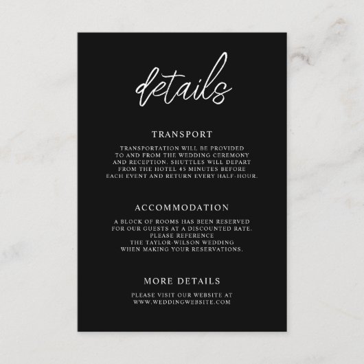 Stijlvol hedendaags script Zwart Trouwdetails Informatiekaartje (Voorkant)
