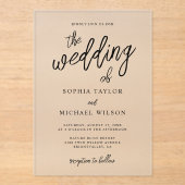 Stijlvol Hedendaags Script Zwart Wit Bruiloft Acryl Uitnodigingen (Voorkant)