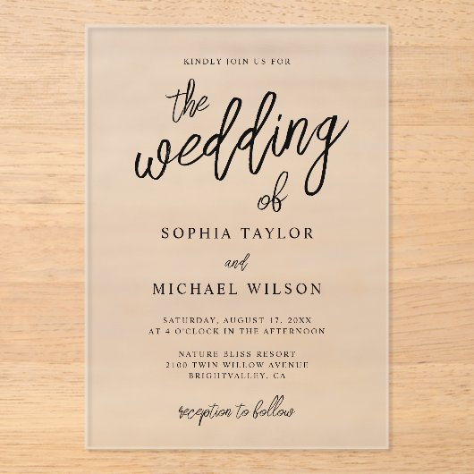 Stijlvol Hedendaags Script Zwart Wit Bruiloft Acryl Uitnodigingen (Voorkant)