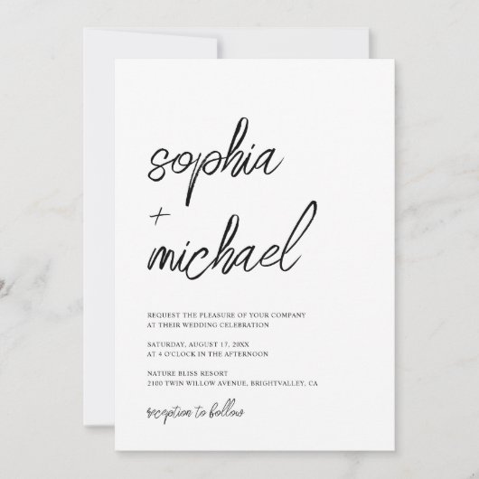 Stijlvol Hedendaags Script Zwart Wit Bruiloft Kaart (Voorkant)