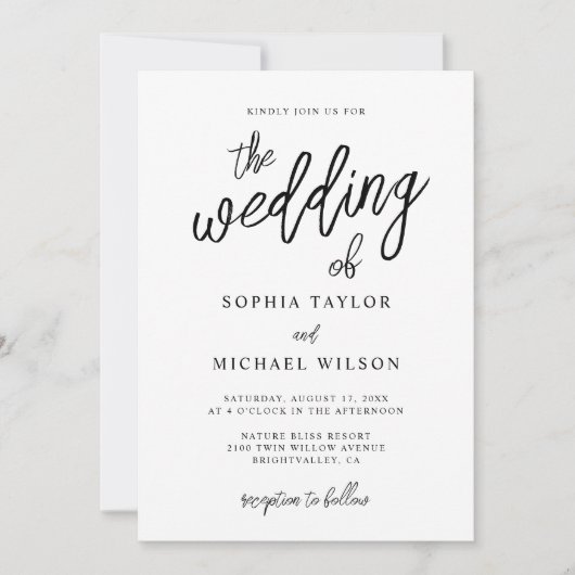 Stijlvol Hedendaags Script Zwart Wit Bruiloft Kaart (Voorkant)