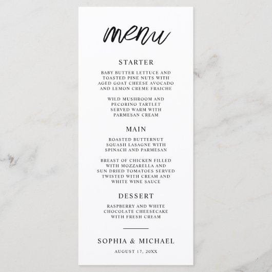 Stijlvol Hedendaags Script Zwart Wit Bruiloft Menu (Voorkant)