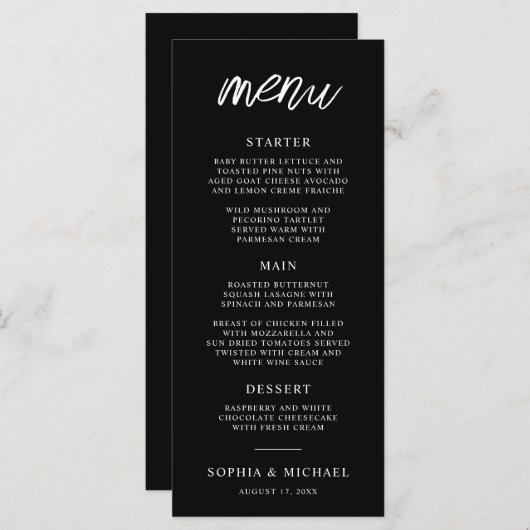 Stijlvol Hedendaags Script Zwart Wit Bruiloft Menu (Voorkant / Achterkant)