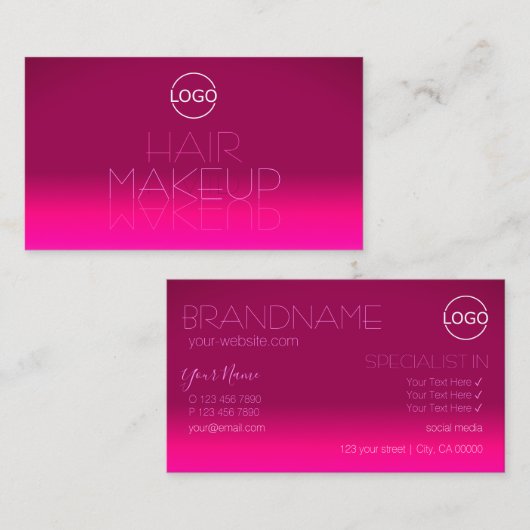 Stijlvol Hot Pink Gradient Mirror Font met Logo Visitekaartje (Voorkant / Achterkant)