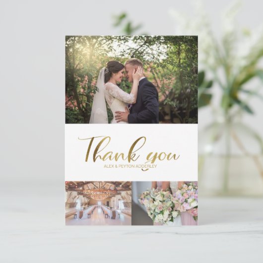 Stijlvol huwelijk Hartelijk dank 3 Foto Gold Scrip Bedankkaart (Staand voorkant)