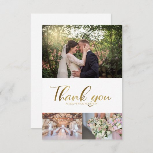 Stijlvol huwelijk Hartelijk dank 3 Foto Gold Scrip Bedankkaart (Voorkant / Achterkant)