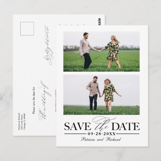 Stijlvol huwelijk sparen Datum 2 fotocollage Briefkaart (Voorkant / Achterkant)