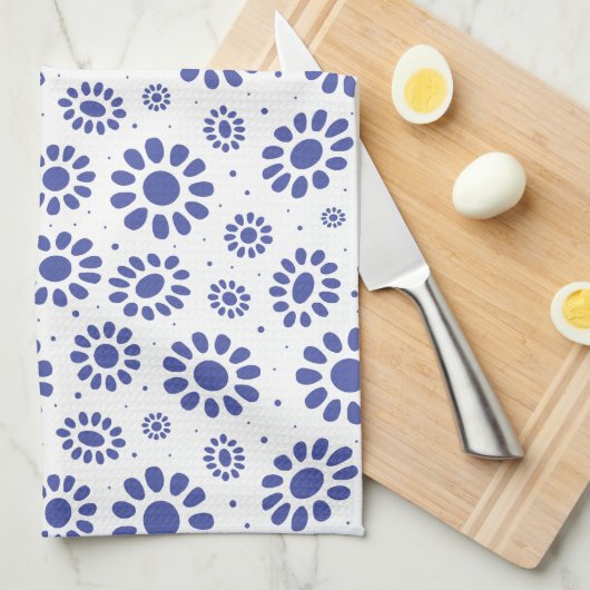 Stijlvol Indigo Blauw en Wit Daisy Patroon Theedoek (Quarter Fold)