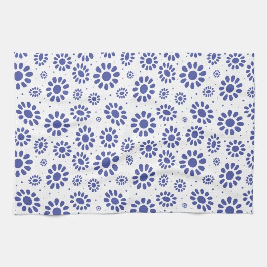 Stijlvol Indigo Blauw en Wit Daisy Patroon Theedoek (Horizontaal)