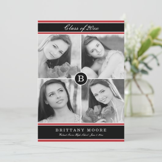 Stijlvol Initiaal Afstuderen Uitnodiging - Rood (Staand voorkant)