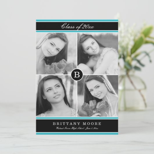 Stijlvol Initiaal Afstuderen Uitnodiging - Turquoi (Staand voorkant)