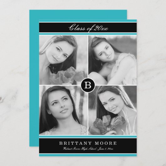 Stijlvol Initiaal Afstuderen Uitnodiging - Turquoi (Voorkant / Achterkant)
