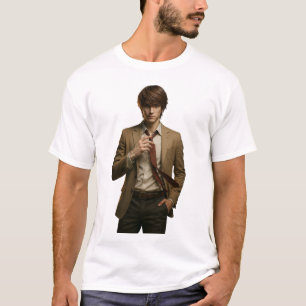 Stijlvol Jong Man in Bruin Pak Aanpasbaar Stropdas T-shirt