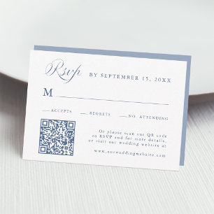 Stijlvol kalligrafie schrift trouw stoffig blauw RSVP kaartje