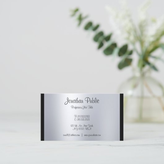 Stijlvol kalligrafiescript Silver Plain Modern Visitekaartje (Staand voorkant)