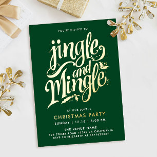 Stijlvol kerstbos groen en goud script folie uitnodiging