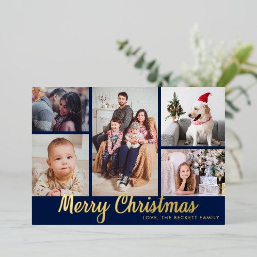 Stijlvol kerstfeest 5 Foto Echte Collage Folie Feestdagenkaart (Staand Voorkant)