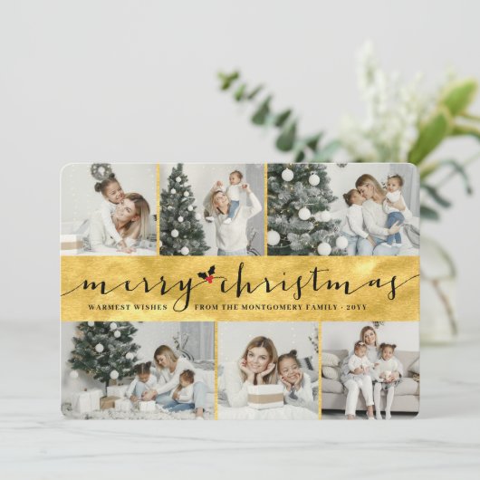 Stijlvol kerstfeest Faux Gold Foil 6 Foto Feestdagenkaart (Staand voorkant)