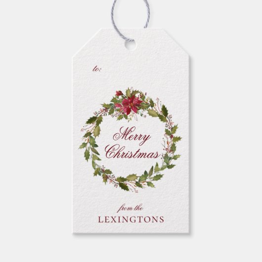 Stijlvol kerstfeest in Poinsettia en Holly Wreath Cadeaulabel (Voorkant)
