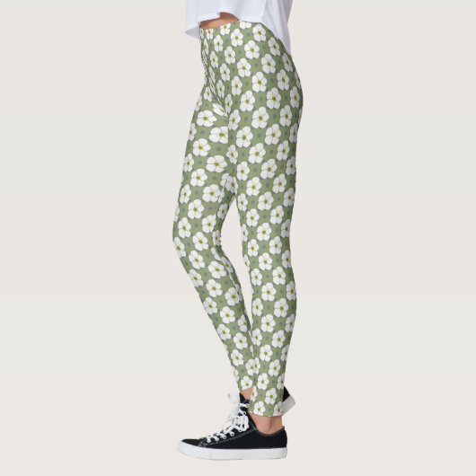 Stijlvol Khaki White Flowers Floral Pattern Leggings (Links)