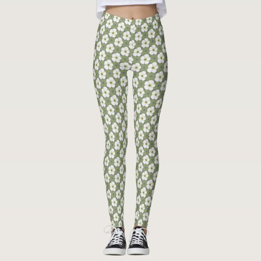 Stijlvol Khaki White Flowers Floral Pattern Leggings (Voorkant)