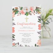 Stijlvol koraal Blush Floral Confirmation Kaart (Staand voorkant)