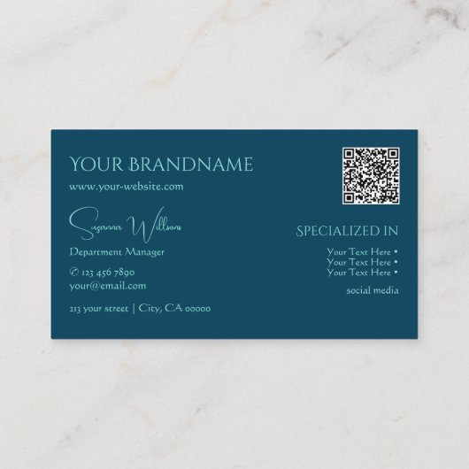 Stijlvol laagje oceaanblauw met monogram- en QR-co Visitekaartje (Achterkant)