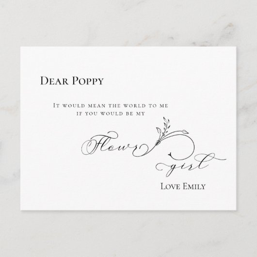 Stijlvol Leaf Black Script Flowergirl Verzoek Briefkaart (Voorkant)