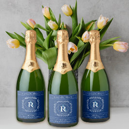 Stijlvol Lijst Navy Monogram Sparkling Wijnetiket