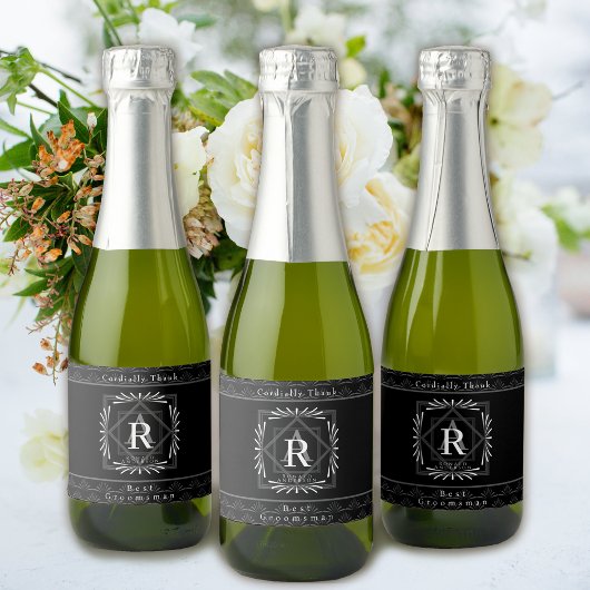 Stijlvol Lijst zwart monogram Sparkling Wijnetiket