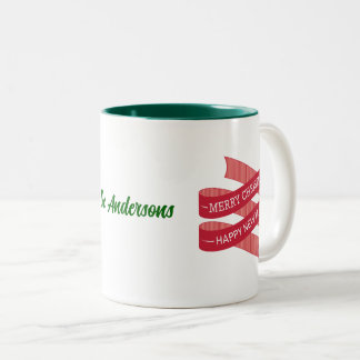 Stijlvol lint vrolijk kerstfeest, gelukkig nieuwja tweekleurige koffiemok