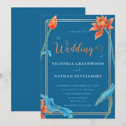 Stijlvol Lotus Flower Oranje and Blue Wedding Kaart (Voorkant / Achterkant)