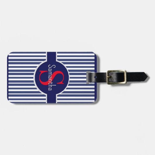 Stijlvol marineblauw rood gestreepte initiaal mono bagagelabel (Voorkant horizontaal)
