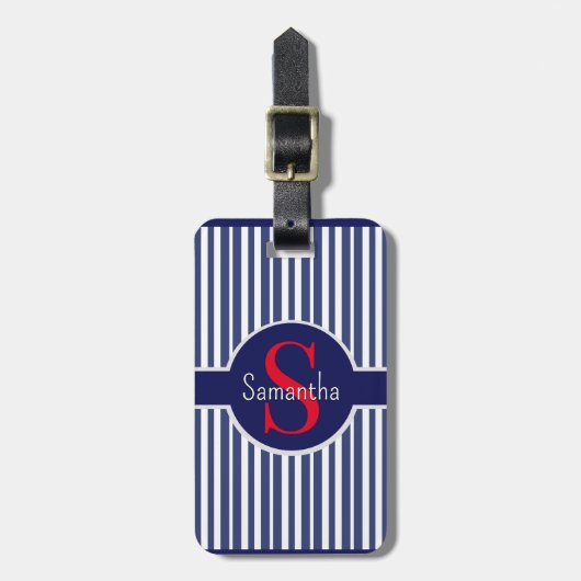 Stijlvol marineblauw rood gestreepte initiaal mono bagagelabel (Voorkant verticaal)