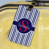 Stijlvol marineblauw rood gestreepte initiaal mono bagagelabel