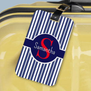 Stijlvol marineblauw rood gestreepte initiaal mono bagagelabel