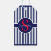 Stijlvol marineblauw rood gestreepte initiaal mono cadeaulabel (Voorkant)