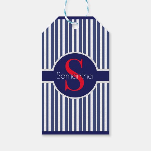 Stijlvol marineblauw rood gestreepte initiaal mono cadeaulabel (Voorkant)