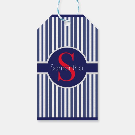 Stijlvol marineblauw rood gestreepte initiaal mono cadeaulabel (Achterkant)