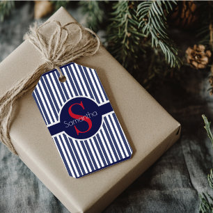 Stijlvol marineblauw rood gestreepte initiaal mono cadeaulabel