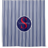 Stijlvol marineblauw rood gestreepte initiaal mono douchegordijn (Voorkant)