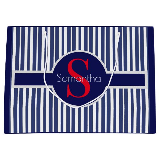 Stijlvol marineblauw rood gestreepte initiaal mono groot cadeauzakje (Voorkant)