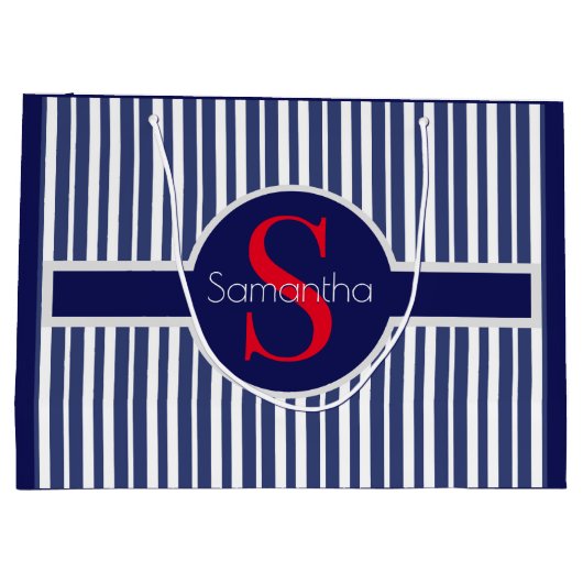 Stijlvol marineblauw rood gestreepte initiaal mono groot cadeauzakje (Achterkant)