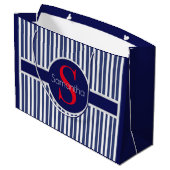 Stijlvol marineblauw rood gestreepte initiaal mono groot cadeauzakje (Achterkant Gekanteld)
