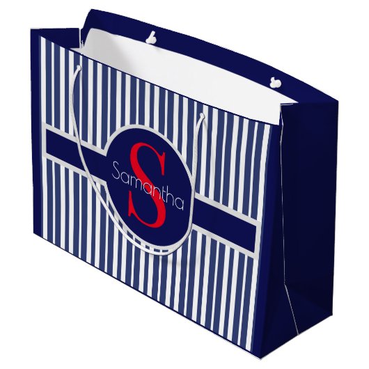 Stijlvol marineblauw rood gestreepte initiaal mono groot cadeauzakje (Achterkant Gekanteld)