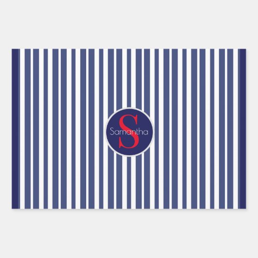 Stijlvol marineblauw rood gestreepte initiaal mono inpakpapier vel (Voorkant 3)