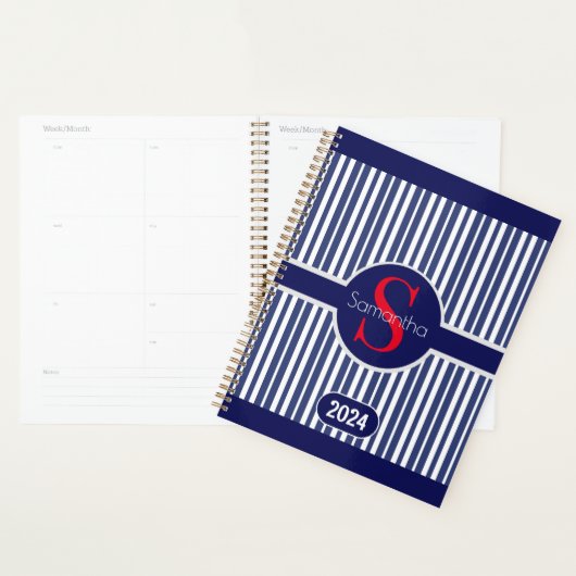 Stijlvol marineblauw rood gestreepte initiaal mono planner (Display)