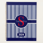 Stijlvol marineblauw rood gestreepte initiaal mono planner (Voorkant)