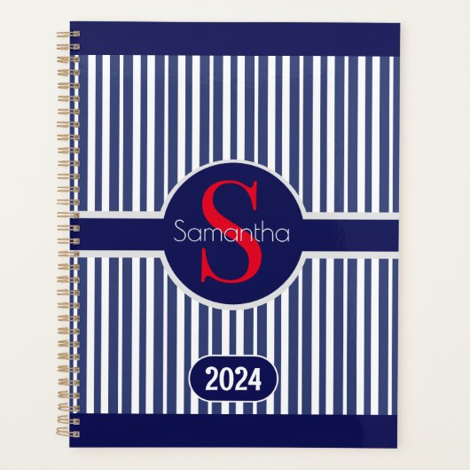 Stijlvol marineblauw rood gestreepte initiaal mono planner (Voorkant)